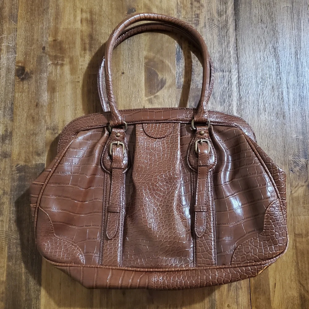 Women's Worthington Belted Satchel Handbag Purse Bag - Faux Croc Cognac Brown